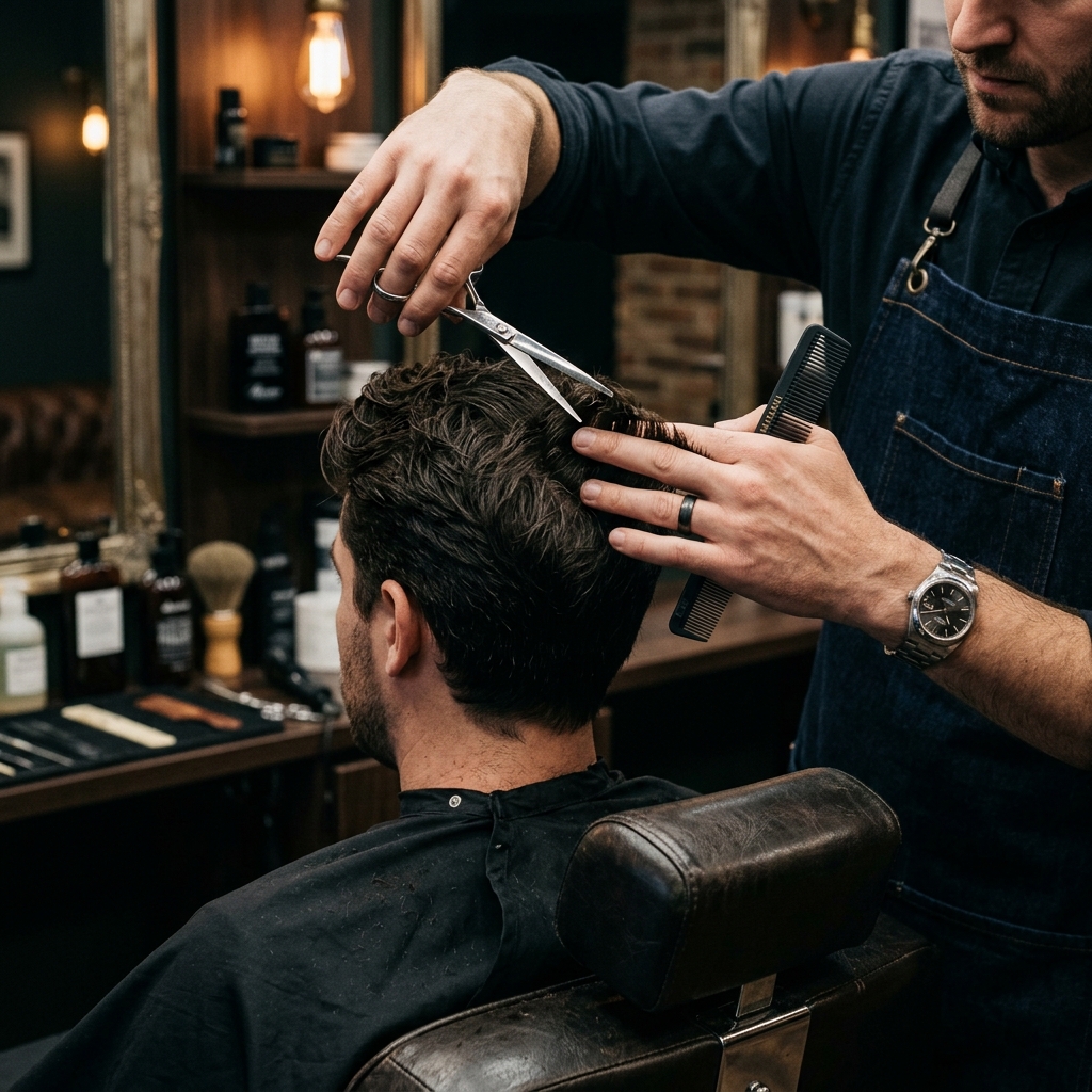 Barber styling client's hair with precision